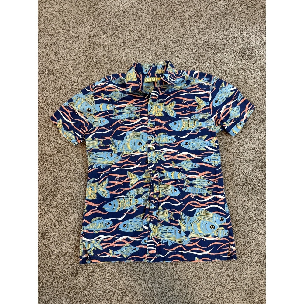 Kahala 1936 Men Hawaiian Shirt Medium Blue Fish Print Button Down Camp Reg Fit